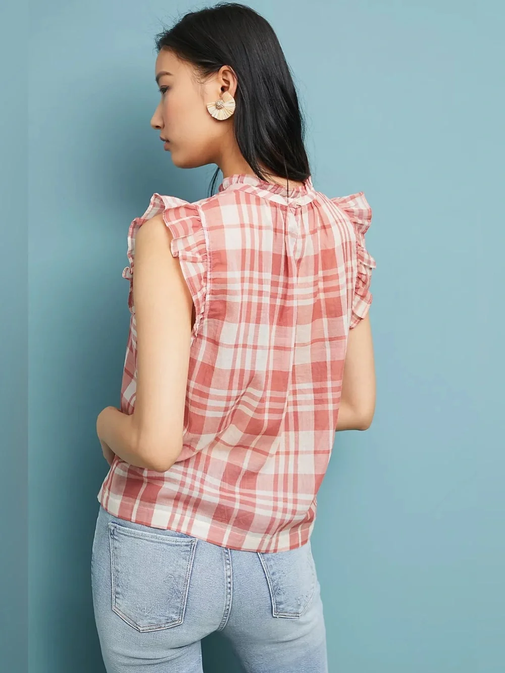 Anthropologie Isabella Sinclair Plaid Red Sheer Cotton Ruffle-Sleeve Top Sz M